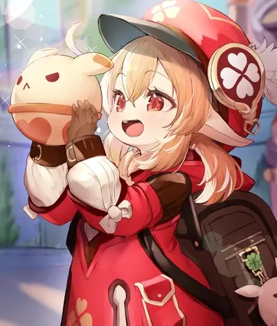 Happy expression, Klee holding her Jumpty Dumpty doll, with backpack, on an outdoor adventure