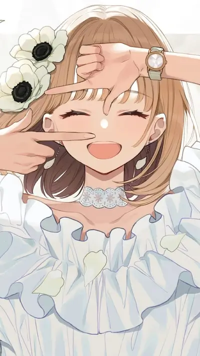 Happy girl framing face with hands, flowers in hair and white dress