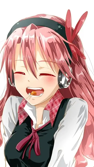 Happy girl with headphones and lollipop