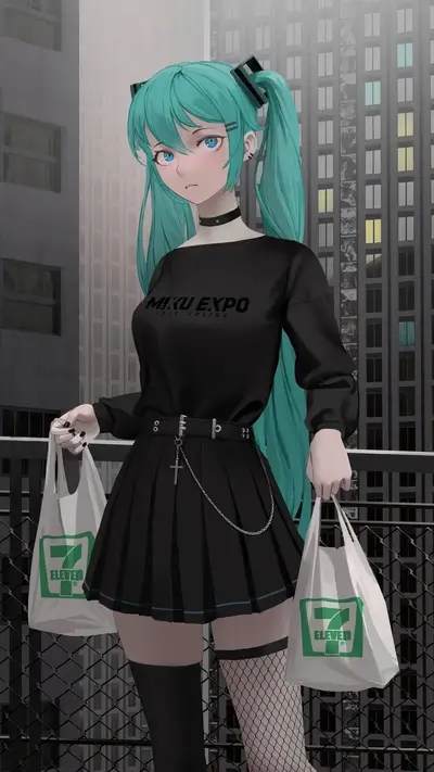 Hatsune Miku with 7-Eleven bags
