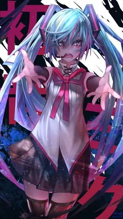 Hatsune Miku with an angry face, blue pigtails, and open hands