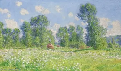 Haystacks in a sun-drenched field, trees in the background