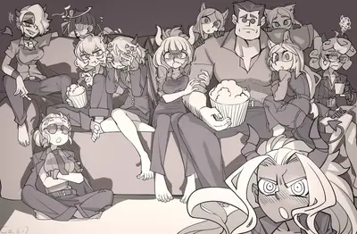 Helltaker characters watching a horror movie together on couch