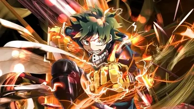 Hero channeling immense power vibrant energetic pose surrounded by dynamic light effects