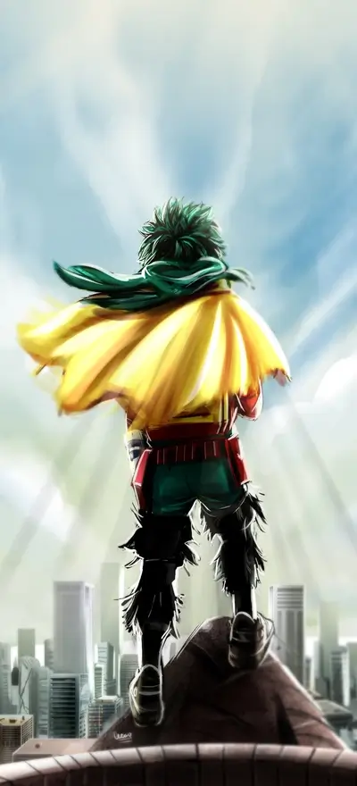 Hero stands atop the building, cape waving, looking at the city