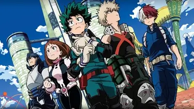 Hero students posing against a futuristic city skyline with bright blue sky