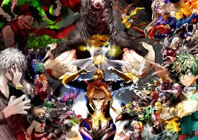 Heroes and villains clashing, All Might, Deku, Shigaraki, intense battle