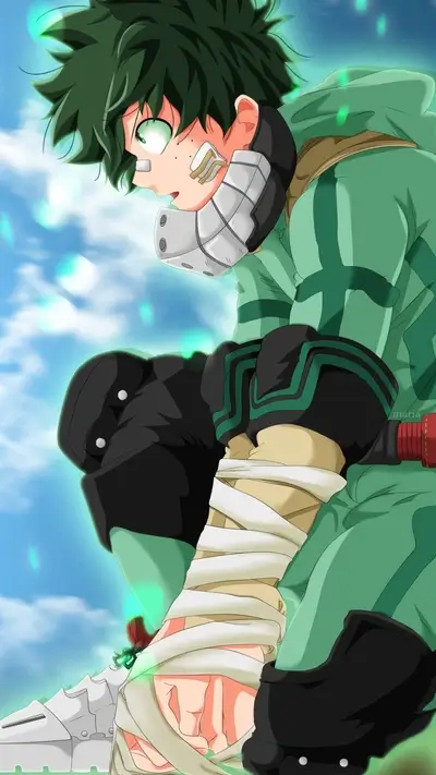 Heroic anime character, Deku, is kneeling and injured, ready to fight