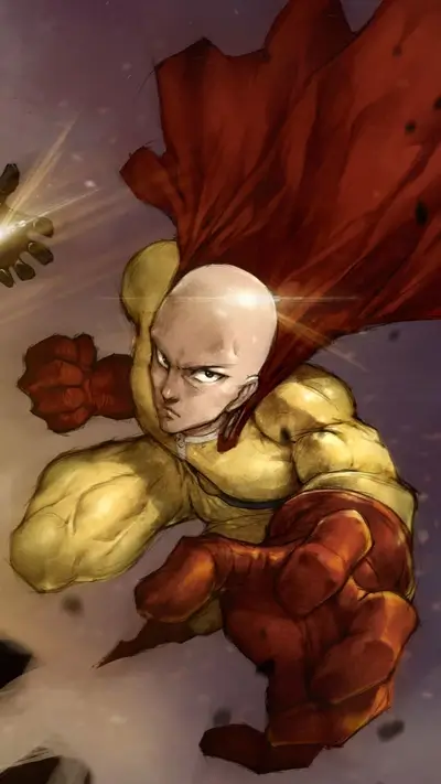Heroic figure in dynamic pose, determined expression, and flowing red cape