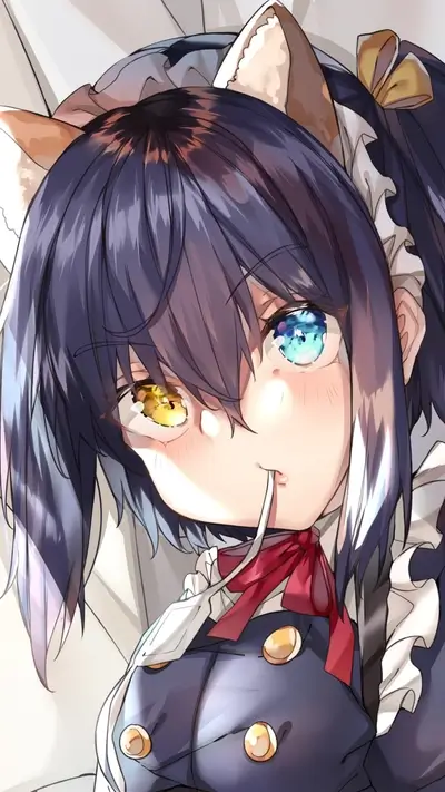 Heterochromatic cat maid, blue and yellow eyes, uniform, cute