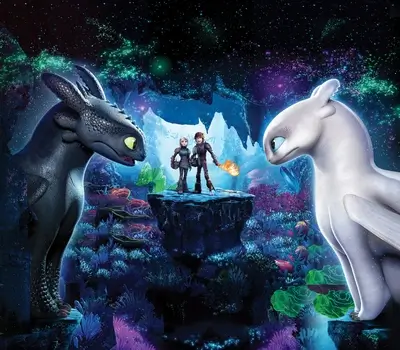 Hiccup and Astrid with Toothless and Light Fury in glowing cave
