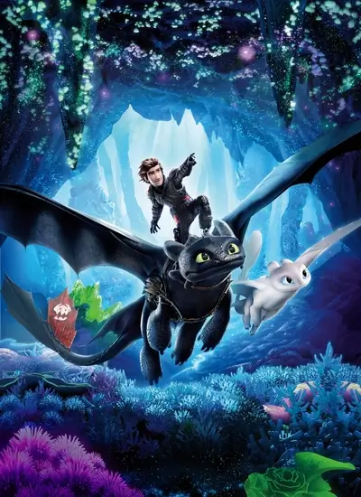 Hiccup and Toothless flying with Light Fury