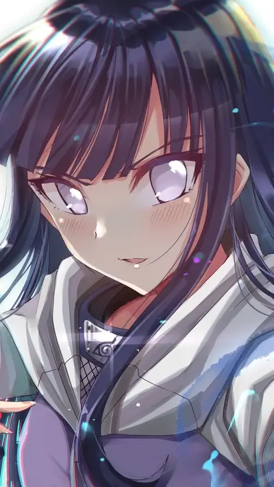 Hinata Hyuga gazes intently, wearing a hoodie with village emblem