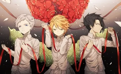 Holding a red ribbon with giant red flower behind