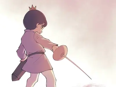 Holding rapier sword while wearing a crown against light background