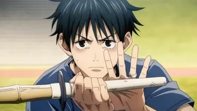 Holding sword handle with hand raised and determined facial expression