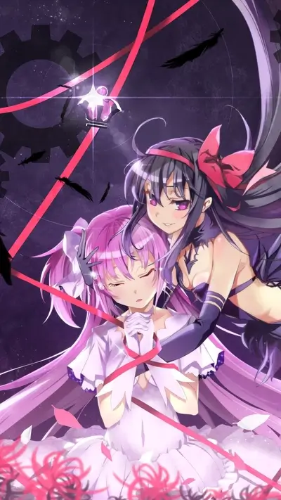 Homura embraces Madoka tenderly, pink ribbons intertwining, ominous shadows casting a dark scene