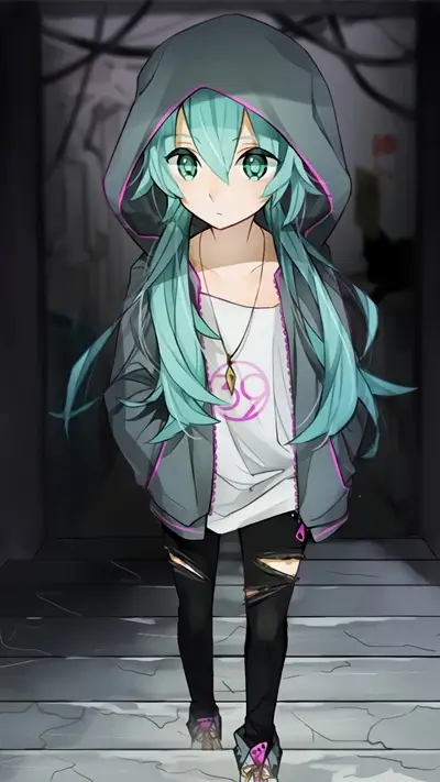 Hooded anime girl with turquoise hair wearing a jacket standing on steps