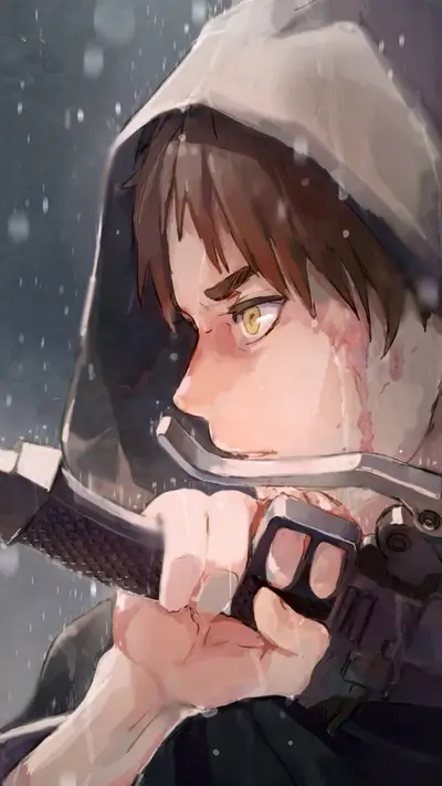 Hooded figure in rain, gripping weapon, expression conveys determination or sorrow