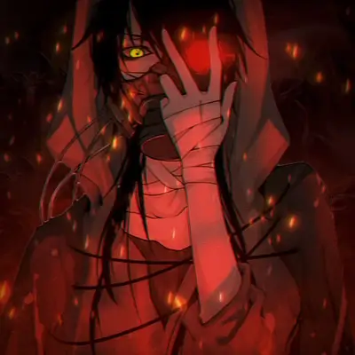 hooded figure in red, flames, and a gas mask