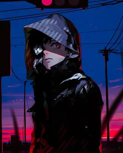 Hooded figure with mask against vibrant sky