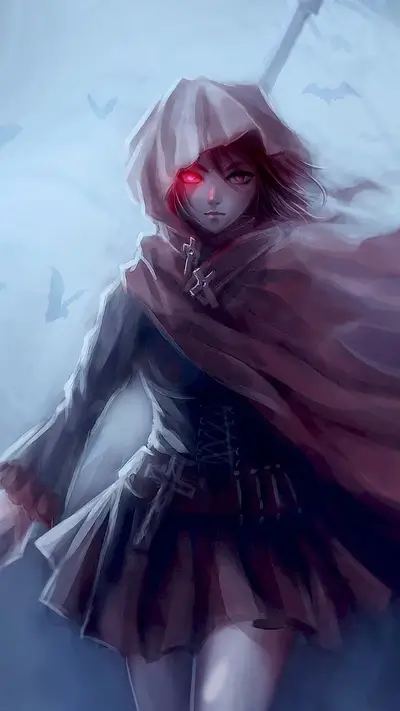 Hooded warrior with cape, red eyes and sword ready to fight