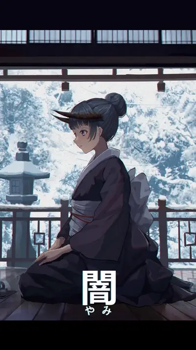 Horned girl in kimono sits on wooden floor