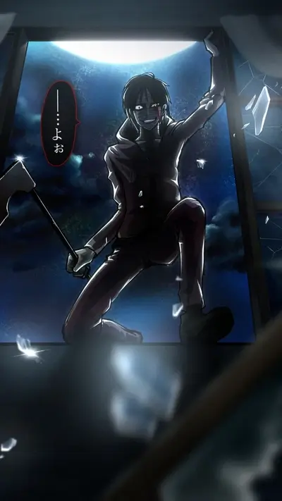Horror anime character breaks in through window wielding axe.