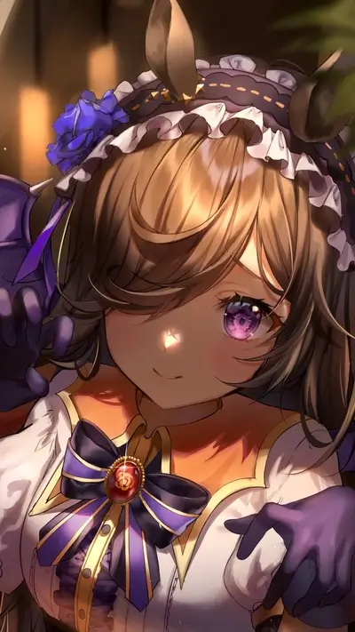 Horse-eared girl with purple eyes, wearing a dress and matching ribbons