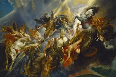 Horses draw Apollo's chariot through the sky, accompanied by figures with wings.