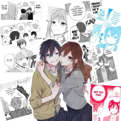 Hug from behind between a boy and a girl on a manga collage background