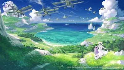 Idyllic coastal landscape with biplanes flying overhead