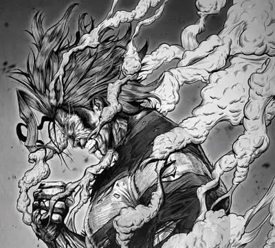 Illustration depicting a muscular character surrounded by smoke, intense expression, clenched fist