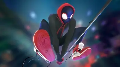 Illustration of a masked superhero in action, wearing Off-White Jordans, suspended in the air