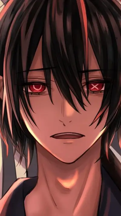Illustration of a red-eyed character with dark hair, bathed in warm light
