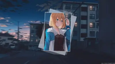 Illustration of a woman with a blue and white jacket in a square frame