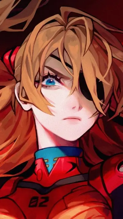 Illustration of Asuka Langley Soryu with an eyepatch, determination radiating from visible blue eye.