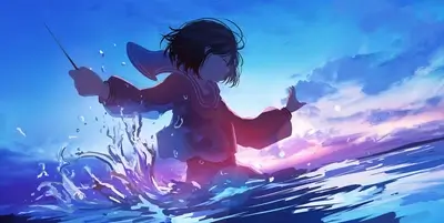 Illustration showcases mysterious figure in water, conducting unseen orchestra with sunset backdrop
