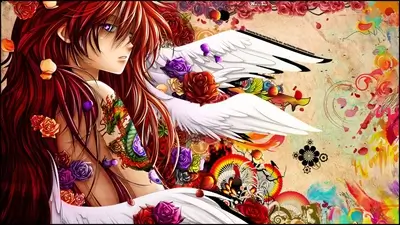 Illustration with red-haired character, dragon tattoo, wings, and roses