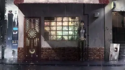 In a dark and rainy street stands a girl, storefront behind her