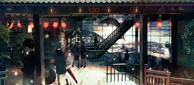 Indoor scene with schoolgirls, lights, books, fireworks, and whimsical elements
