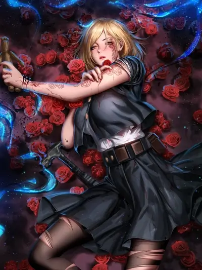 Injured girl amidst red roses and blue magic