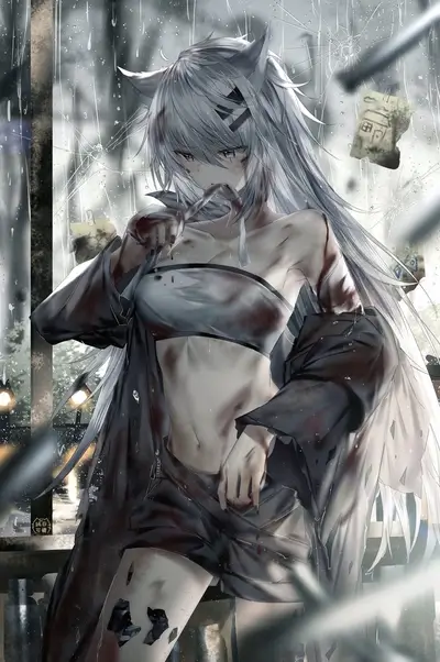 Injured girl in the rain, bloody, broken glass