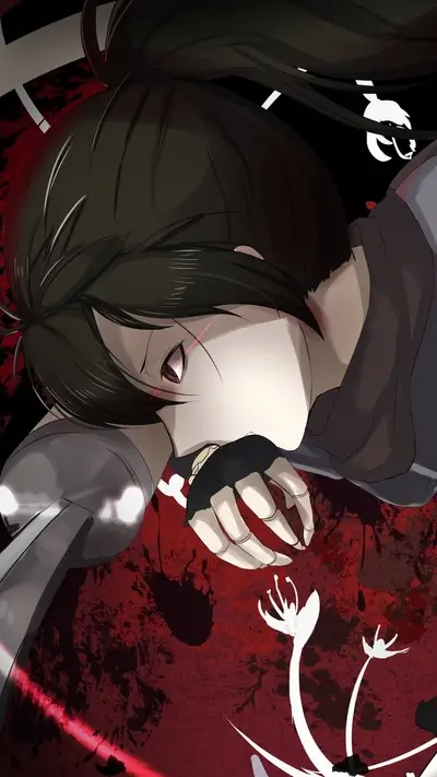 Injured girl with dark hair, red background