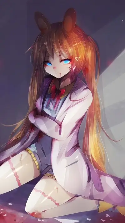 Injured girl with long hair in a lab coat