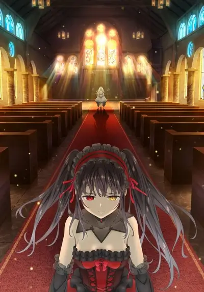 Inside church, red carpet stretches to a figure bathed in light, girl stares from foreground