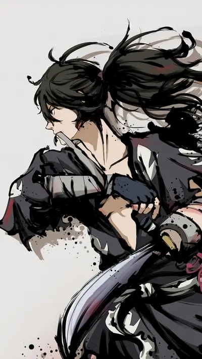 Intense artwork showcases a samurai-like character wielding sword, dynamic brushwork creating movement.