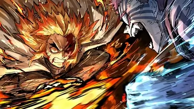 Intense battle between fire swordsman and demon with blue markings amidst swirling flames
