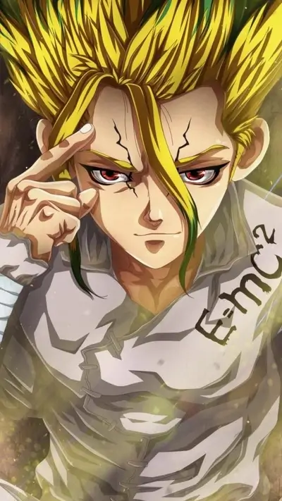 Intense character with spiky blonde hair and red eyes, E=mc² on shirt