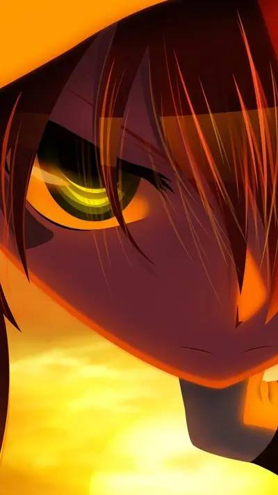 Intense close-up, single eye with orange and yellow hues, sharp strands of hair framing face